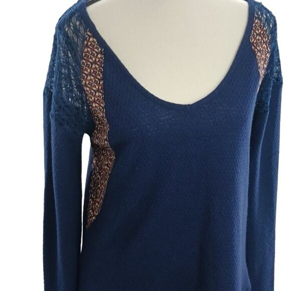 Miss Me Knit Top Blue Lace Geometric Long Sleeve Boho Stretch Womens Size S - Picture 2 of 6